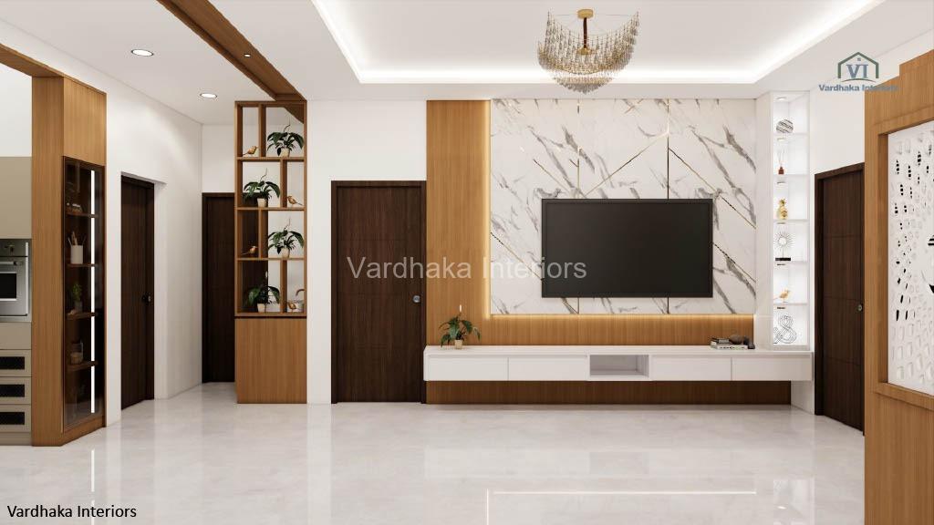 TV unit with partition in hall design by Vardhaka Interiors for compact 2BHK