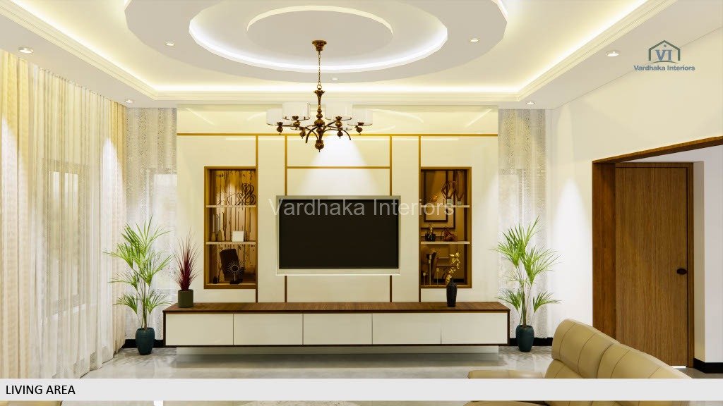Modern TV Unit Design With POP By Vardhaka Interiors — interior designers in Dandeli, Uttara Kannada