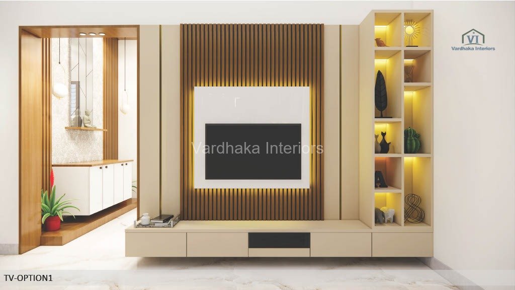 Modern TV Unit Design With Louvers Profile Lights — interior designers in Karwar, Uttara Kannada