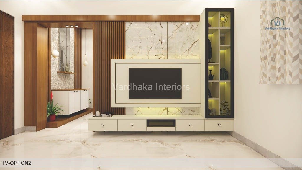 Modern TV Unit Design With Louvers Profile Lights Panel — interior designers in Karwar, Uttara Kannada