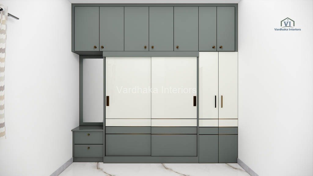 Modern Gray Wardrobe Design Sliding Dressing Unit — interior designers in Karwar, Uttara Kannada