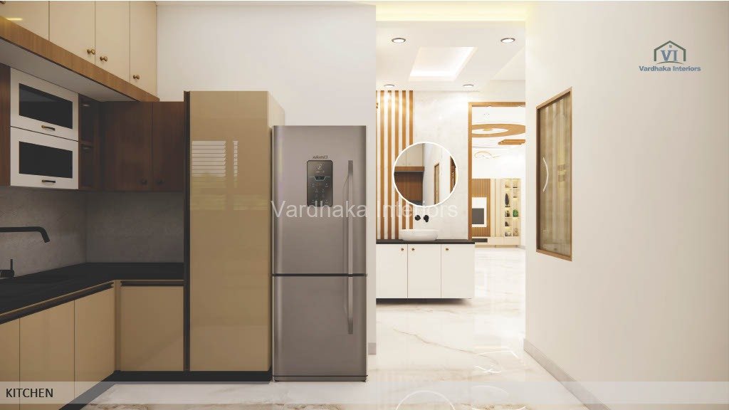 Modern Kitchen Design With Vardhaka Interiors Loft Ivory Design Profile Shutters Kitchen Design With Tall Unit — interior designers in Karwar, Uttara Kannada